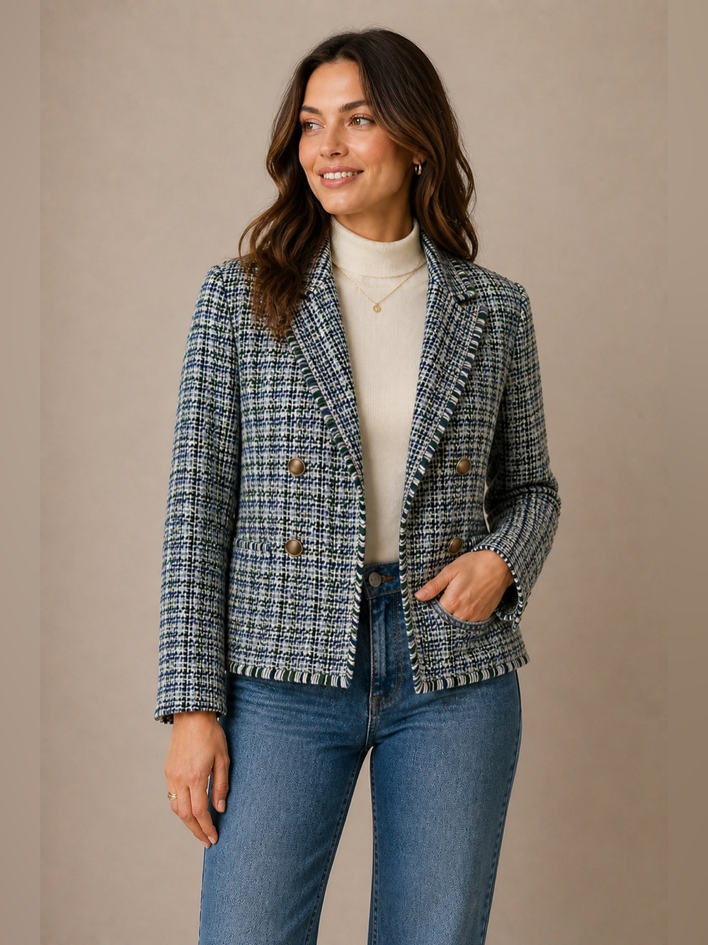 Ann Taylor Double Breasted Tweed Blazer Fringe Boucle Size 14